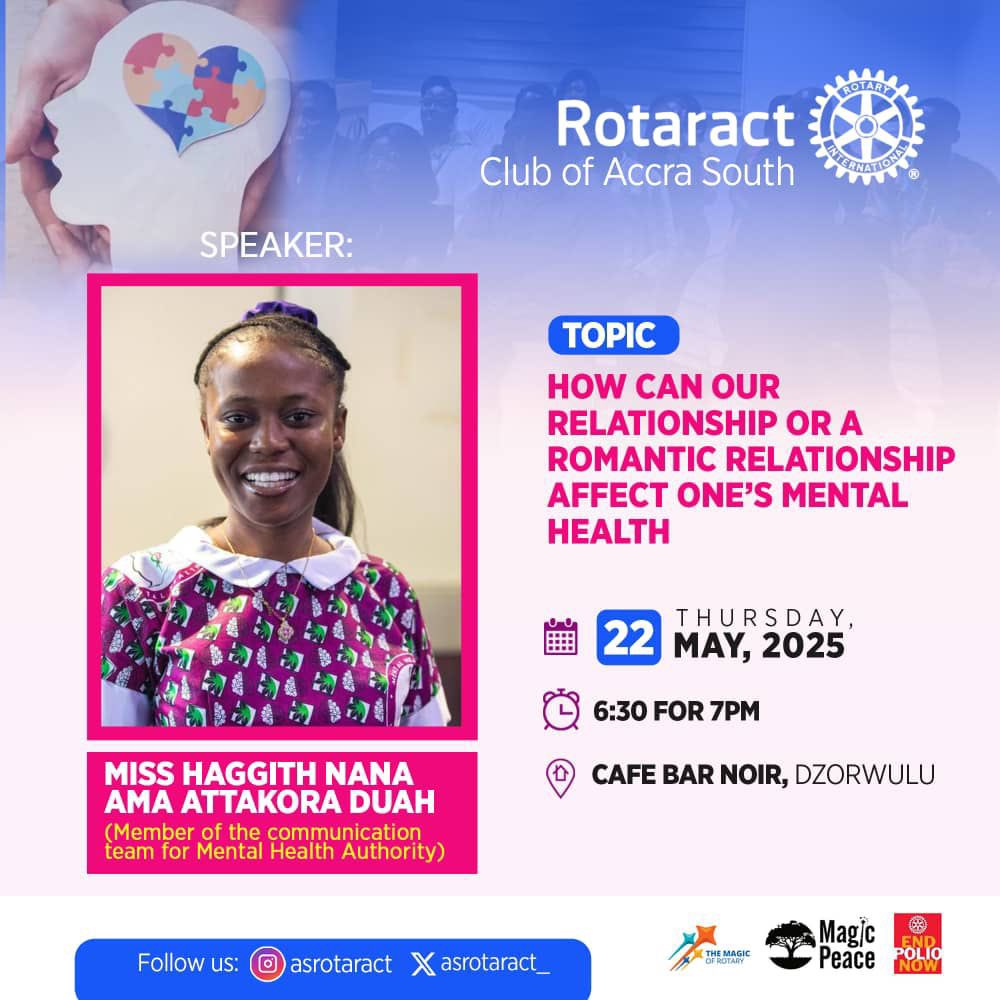 asrotaract_'s tweet photo. Fellow Partners In Service,
Join us for our usual *in-person meeting* as we explore: *How can our relationship or a romantic relationship affect one’s mental health.*
#RCAS #Southsiders #PurpleMonth #Relations&mentalwellbeing https://t.co/CTv4hBtUZk