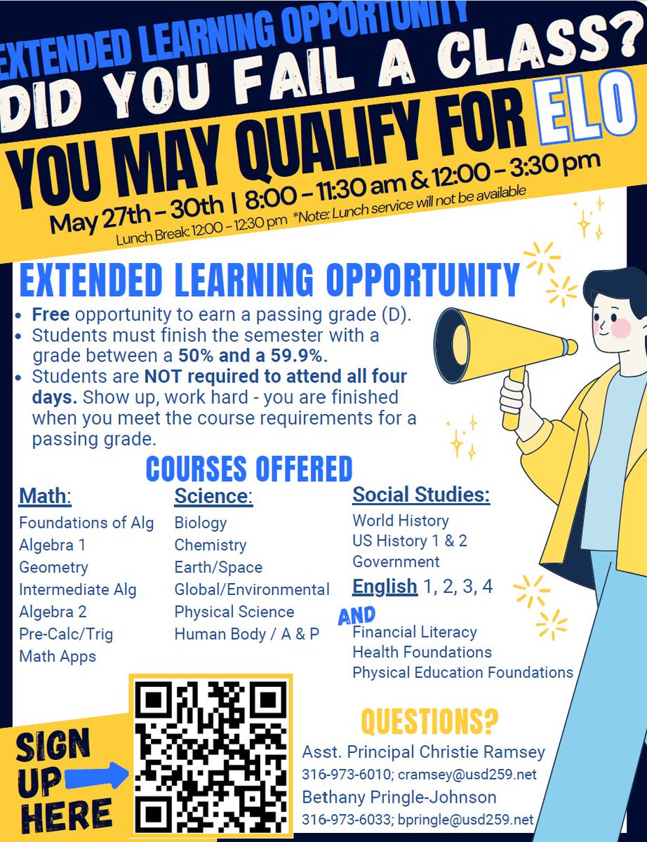 Extended Learning Opportunity (ELO) is fast approaching. Qualifying students will be contacted once final grades are posted.