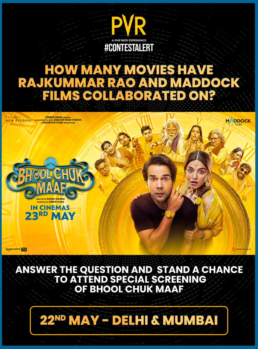 Get ready for an entertaining ride with Bhool Chuk Maaf! Answer a simple question and stand a chance to attend its special screening in Mumbai and Delhi on May 22. 🎬✨

Steps:
1: Share your answer along with the city you’re from in the comments
2: Tag PVR CINEMAS and your
