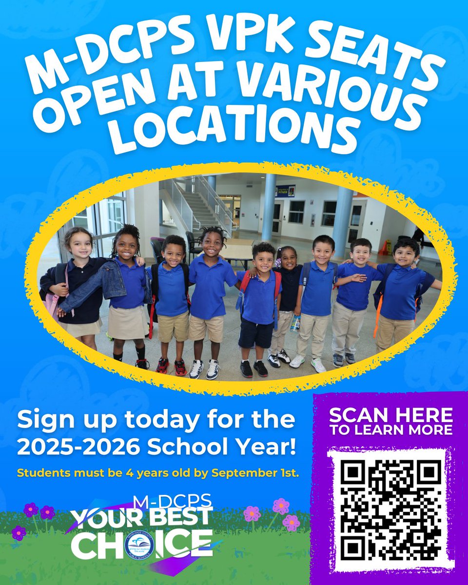 Miami-Dade Schools (@mdcps) on Twitter photo VPK seats open! Sign up today for the 2025-2026 school year!
bit.ly/3CSPgQB VPK seats open! Sign up today for the 2025-2026 school year!
bit.ly/3CSPgQB