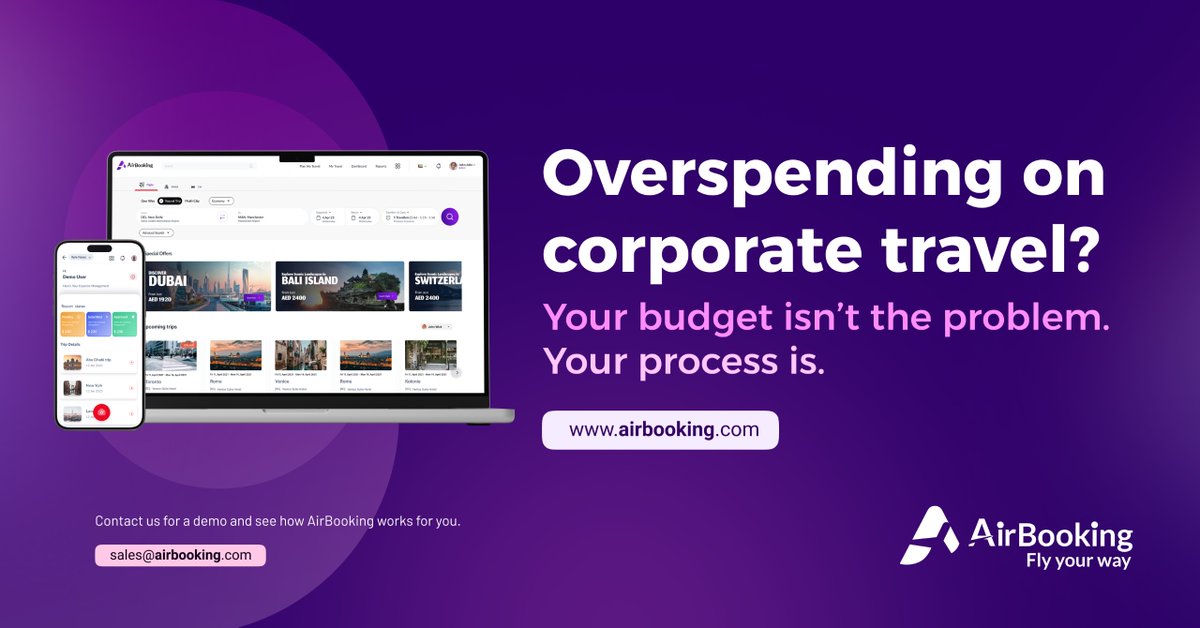 AirBookingUAE's tweet photo. Tired of last-minute bookings, policy breaches &amp; budget surprises?

Airbooking brings real-time spend tracking, smart alerts &amp; built-in policy control so you stay in charge without micromanaging.

📩sales@airbooking.com

#Airbooking #BusinessTravel #ExpenseTracking #BudgetControl https://t.co/0v00Y4ZLyE
