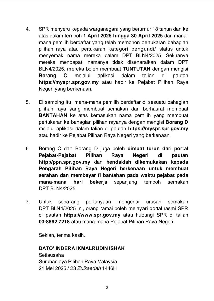 [ KENYATAAN MEDIA ]

PELAKSANAAN URUSAN SEMAKAN DAFTAR PEMILIH TAMBAHAN BULAN APRIL TAHUN 2025 (DPT BLN4/2025)