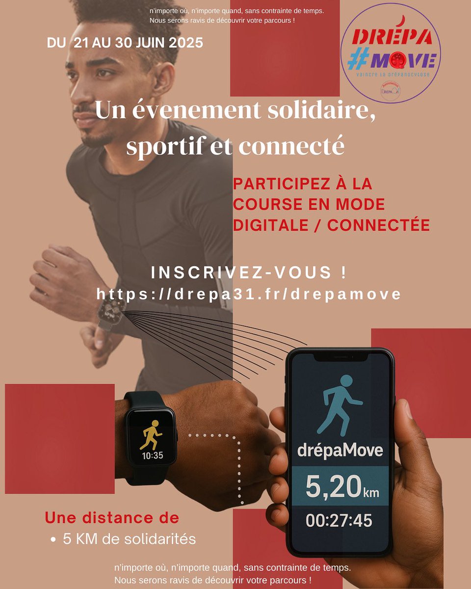 Drepa_31's tweet photo. 🏃‍♀️🚶‍♂️ La course/marche connectée 5KM #DrépaMove de @drepa31, c’est du 21 au 30 juin !
Participez à votre rythme, où que vous soyez 🙌
📸 Postez vos selfies de fin de course !😉

Inscription ⤵️
https://t.co/Om6OSuUq57

#drepamove #drepamove2025 #drepaMoveToulouse #drepanocytose https://t.co/KrOUnRXnsF