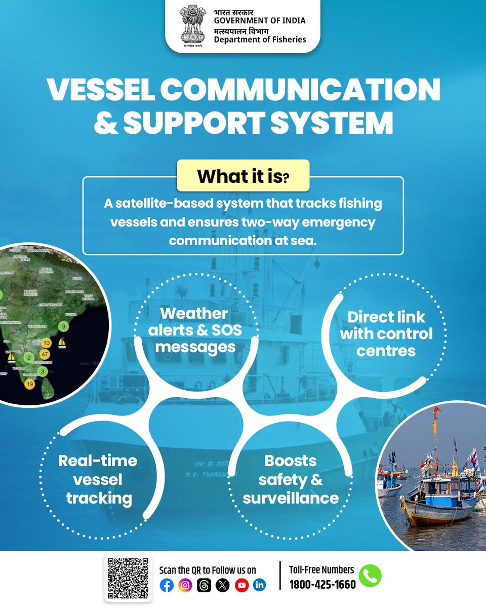 FisheriesGoI's tweet image. Stay connected and stay safe at sea with the Vessel Communication &amp;amp; Support System (VCSS) – enabling weather alerts, emergency SOS, and direct communication for enhanced safety, security, and smarter monitoring of fisherfolk.

#VesselCommunication #FishingSafety #MarineTech