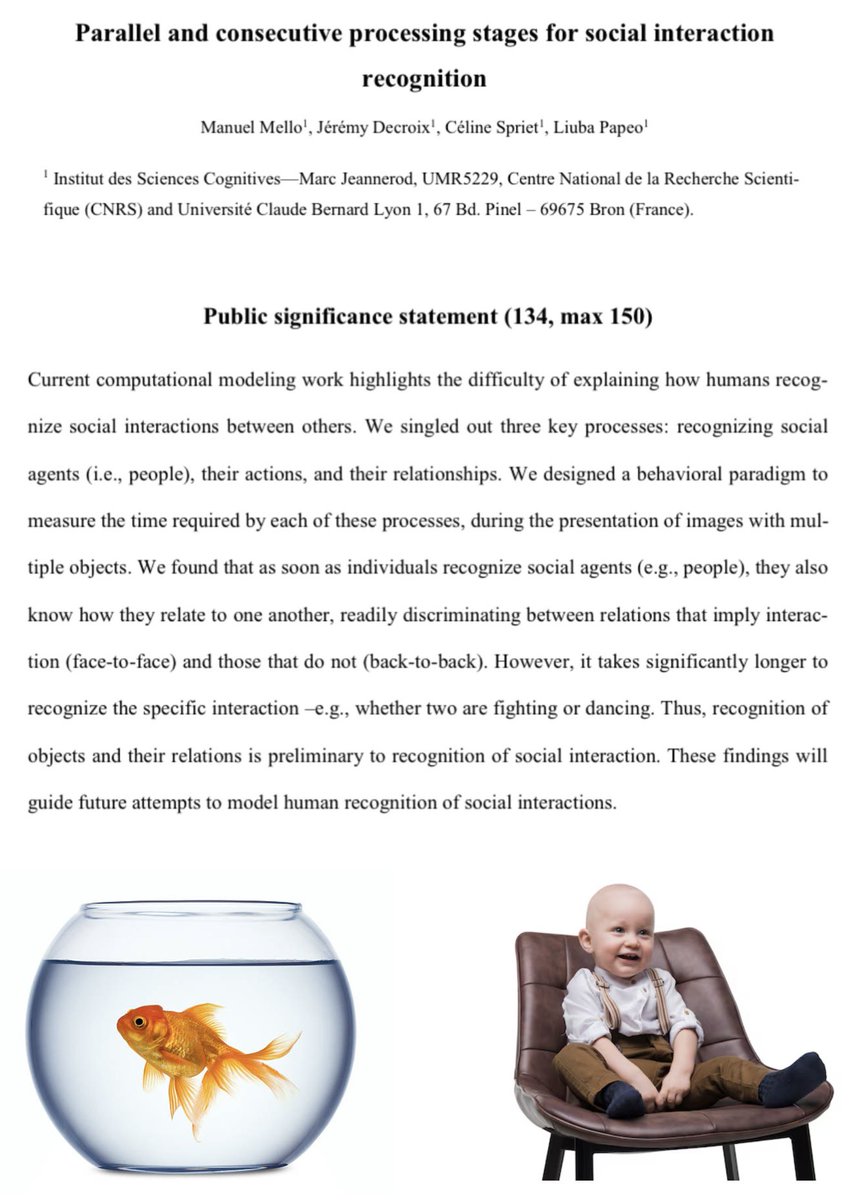 Liuba Papeo (@ljuba_pi) on Twitter photo You wouldn’t drink from a glass if a fish is IN the glass, or would not grab a chair if one is already sitting ON it.
How do we represent relations between things? And how does it relate to object and action recognition?
👉doi.org/10.31234/osf.i…
<a href="/manuel_mello/">Manuel Mello</a> <a href="/CelineSpriet/">Céline Spriet</a>
🧵👇 You wouldn’t drink from a glass if a fish is IN the glass, or would not grab a chair if one is already sitting ON it.
How do we represent relations between things? And how does it relate to object and action recognition?
👉doi.org/10.31234/osf.i…
<a href="/manuel_mello/">Manuel Mello</a> <a href="/CelineSpriet/">Céline Spriet</a>
🧵👇