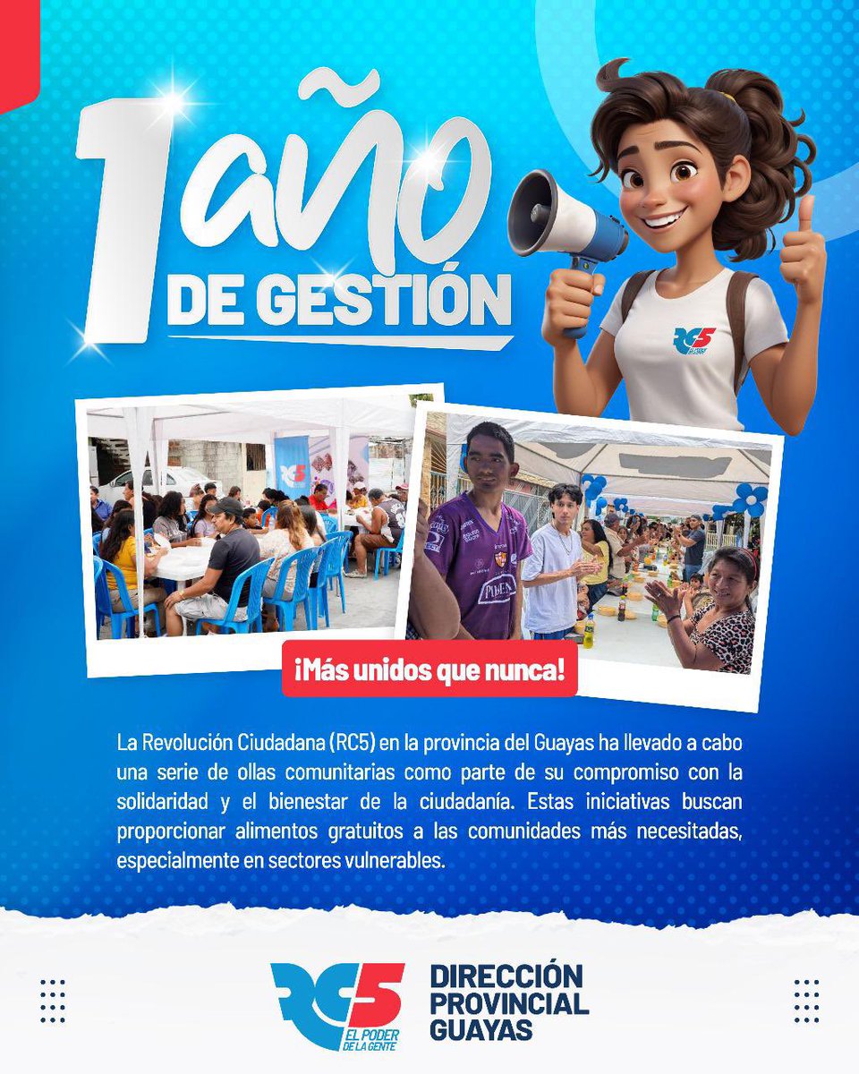 GuayasRC5's tweet photo. La Revolución Ciudadana cumple su primer año de gestión en Guayas con acciones concretas y presencia real en territorio. Escuchar a los guayasenses, atender urgencias y sembrar confianza han sido las primeras victorias. 💙♥️
#RC5Guayas #1AñoDeAutogestión #SomosTerritorio 💪🏼 https://t.co/0K3NSLcHEg