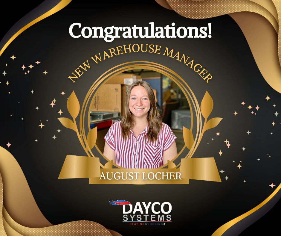 Dayco_Systems's tweet photo. August Locher has been promoted to #Warehouse #Manager at #DaycoSystems! With 2 years in #HVAC, she keeps our operations organized and efficient. Outside of work, August enjoys camping and exploring the outdoors with her husband, four kids, and their two dogs. https://t.co/jztnK3K95x