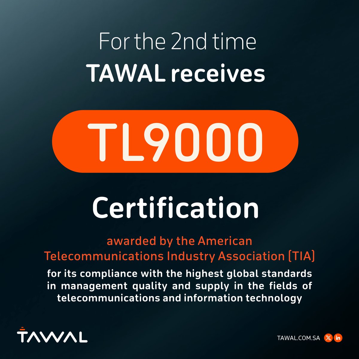 We proudly announce that #TAWAL has received the TL9000 certification for the second time, as one of only five companies in the GCC to achieve this recognition.