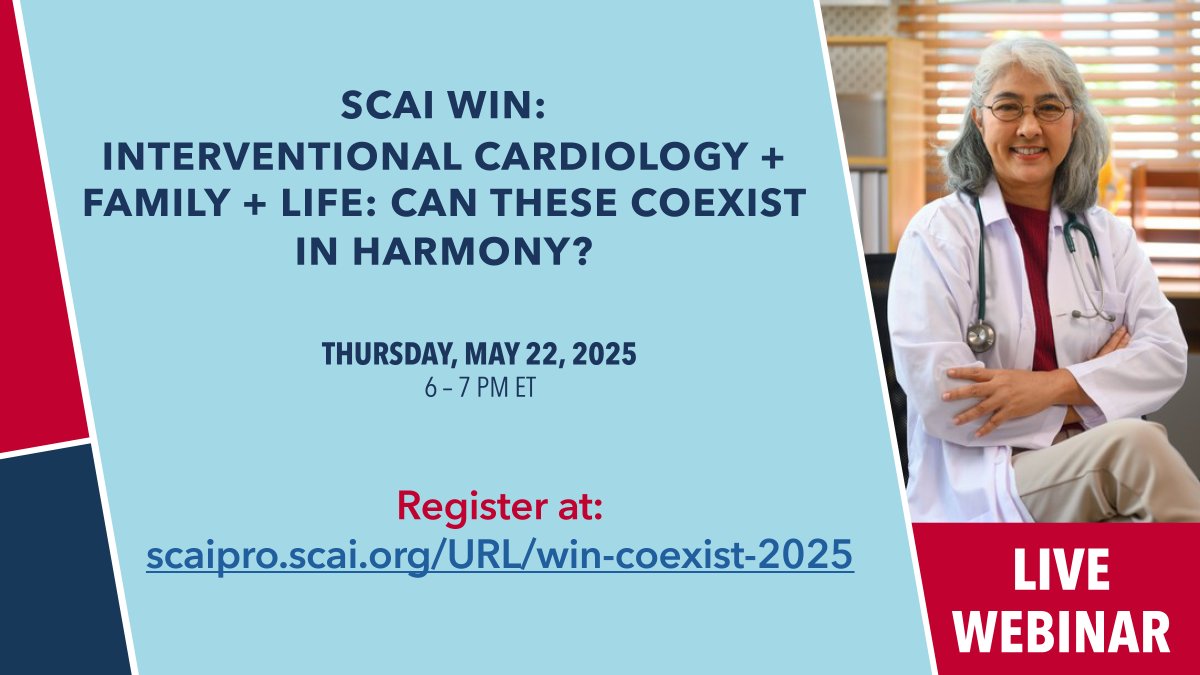 SCAI's tweet image. ⌛There is still time to sign up for tomorrow’s #SCAIWIN webinar! Hear from inspiring women in #InterventionalCardiology as they share real stories of balancing life, pregnancy, and career. Don’t miss this empowering conversation. 💬
Register here➡️ scaipro.scai.org/URL/win-coexis…