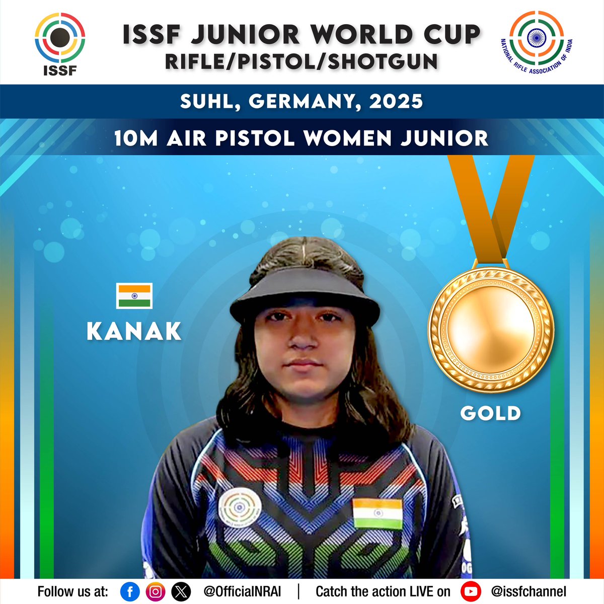 OfficialNRAI's tweet photo. GOLD โผ๏ธ ๐ ๐จ Kanak wins Indiaโs ๐ฎ๐ณ first ๐ฅ ๐ฅ of the @issf_official junior World Cup. Shoots 239.0 in the 10m air pistol ๐ซ women junior final in Suhl ๐ฉ๐ช . ๐ฅ๐๐
#ISSFJuniorWorldCup #ISSFJWC #Shooting #ShootingSports #TeamIndia #IndiaColts https://t.co/E7NkxKlDME