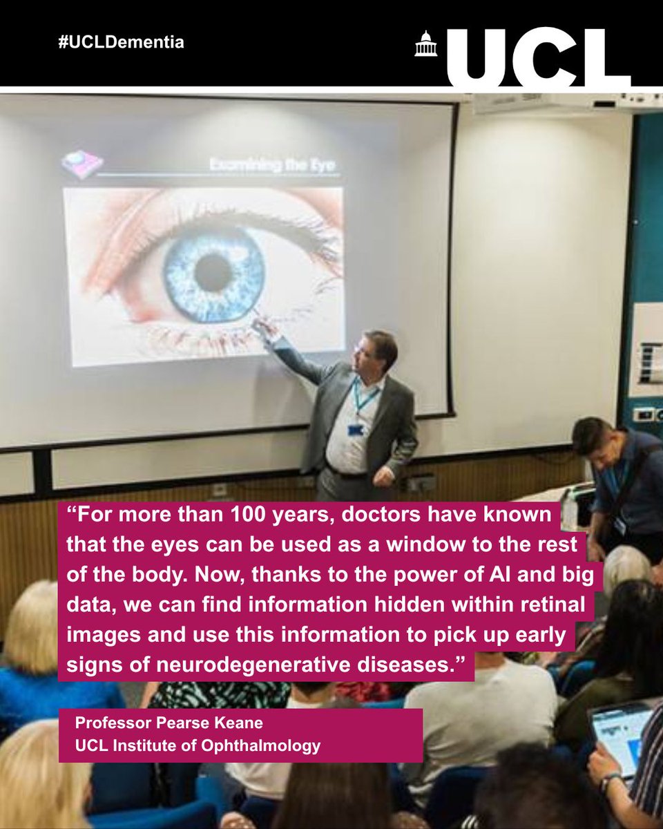UCL Brain Sciences (@uclbrainscience) on Twitter photo How might AI help us to detect dementia through retinal scans? 👀
We spoke to Professor <a href="/pearsekeane/">Pearse Keane</a> (@UCLEye) about pioneering studies in the emerging field of #oculomics ➡️ bit.ly/3XuReOH
<a href="/Moorfields/">Moorfields Eye Hospital NHS Foundation Trust</a> @INSIGHTEyeHub #UCLDementia #DementiaActionWeek How might AI help us to detect dementia through retinal scans? 👀
We spoke to Professor <a href="/pearsekeane/">Pearse Keane</a> (@UCLEye) about pioneering studies in the emerging field of #oculomics ➡️ bit.ly/3XuReOH
<a href="/Moorfields/">Moorfields Eye Hospital NHS Foundation Trust</a> @INSIGHTEyeHub #UCLDementia #DementiaActionWeek
