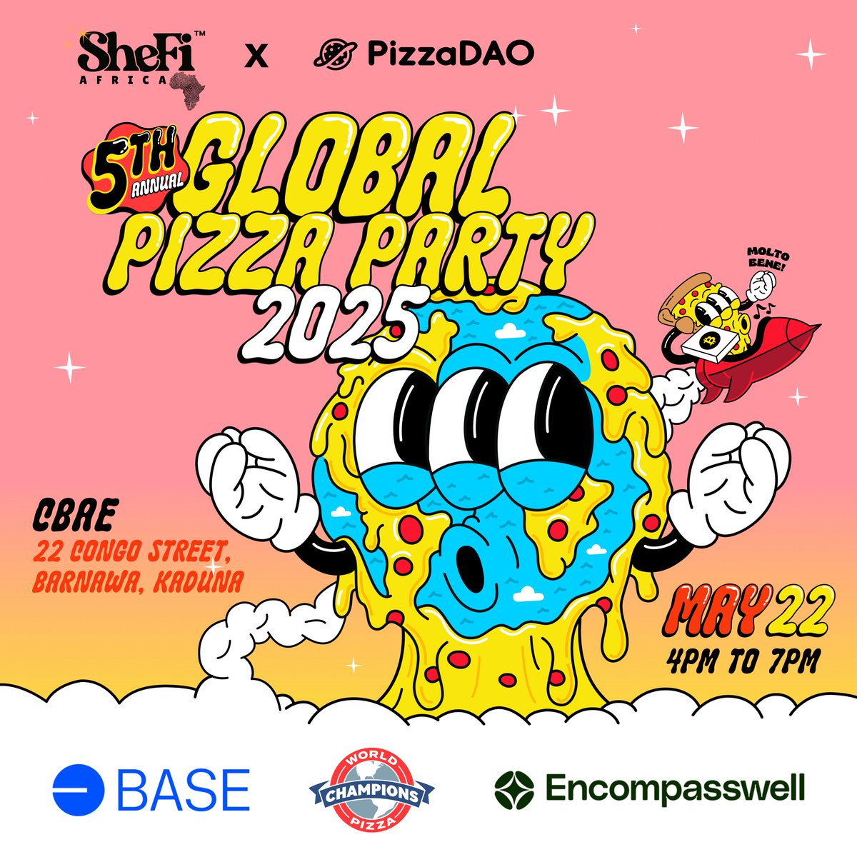 🗺️🍕🥳Mutanen Kaduna! Ga ta nan ga ta nan ku 

<a href="/shefiorg/">shefi.eth (💫,💫)</a>  x <a href="/Pizza_DAO/">PizzaDAO 🍕🏴‍☠️</a> ta zo muku da wannan gagarumin garabasa! 

Join us for the 5th Annual Global Pizza Party, celebrating community &amp; Web3. 

Sponsored by the awesome <a href="/base/">Base</a> <a href="/EncompassWell/">EncompassWell.eth</a> &amp; World Champions Pizza.