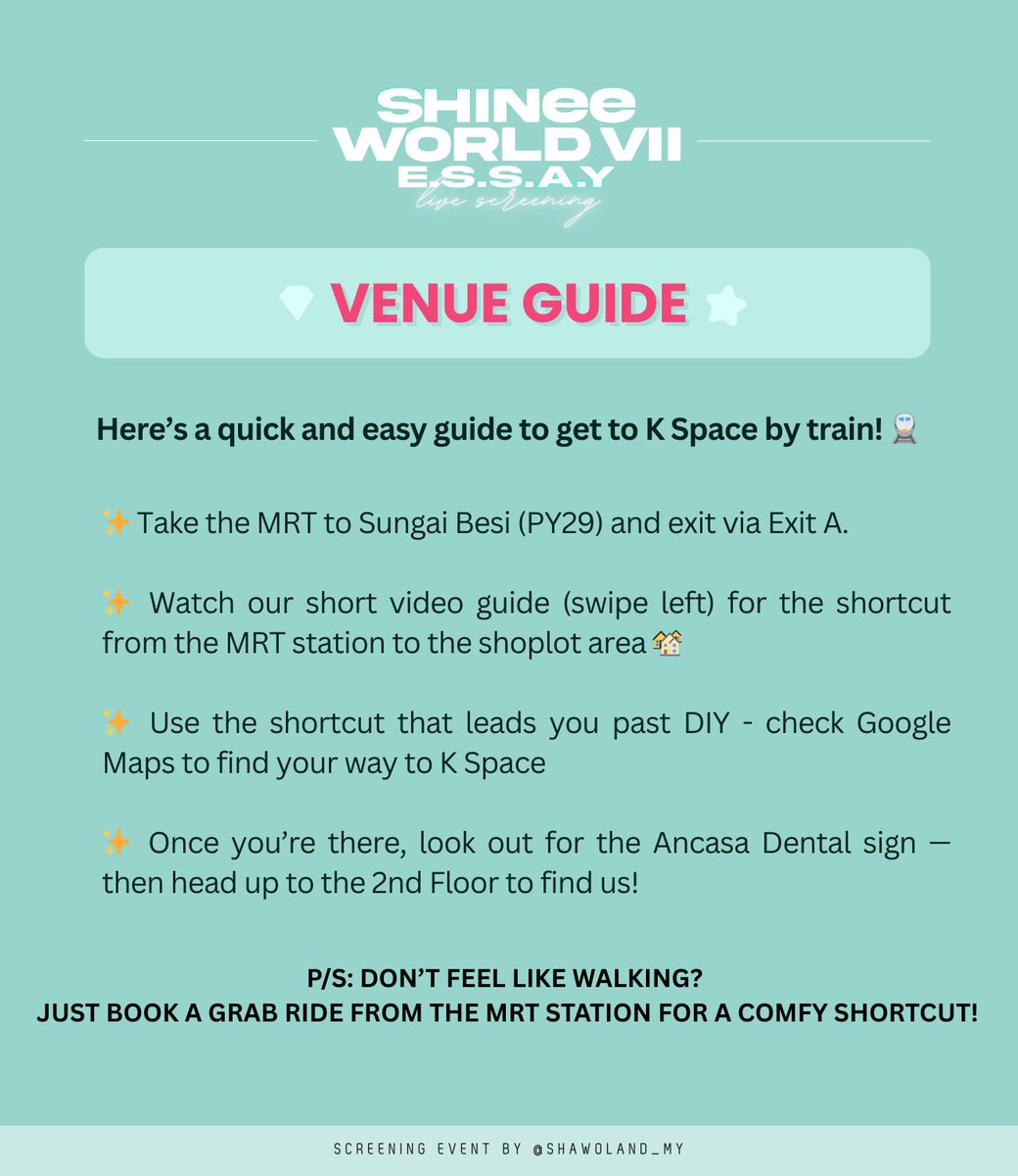 shawoland_MY's tweet image. Hey Shawols! 💎
Planning your trip to K Space? Here’s how to get there smoothly! ✨
🚇 Best option: Take the MRT to Sungai Besi (PY29) and follow our shortcut guide from Exit A.
🚗 Driving? You can search "K Space Malaysia" on Waze.
(waze.com/ul/hw2836mrk5)