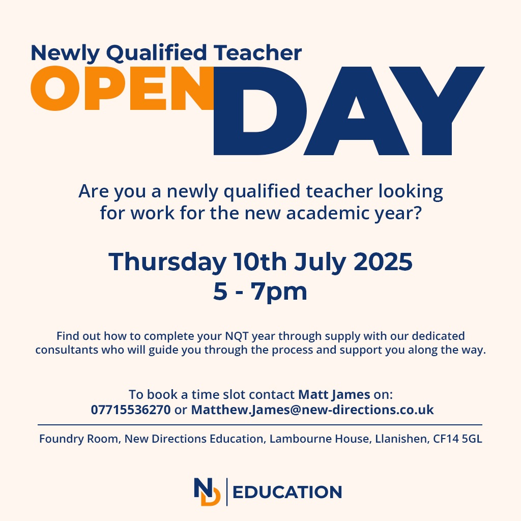 ndeducation's tweet photo. Are you an NQT looking for work in September? We've got you covered. If you live in Cardiff or the surrounding areas, we're opening up our office to chat with you about your future.

For more information, or to book your space, get in touch at matthew.james@new-directions.co.uk https://t.co/ogBfAZoGVb