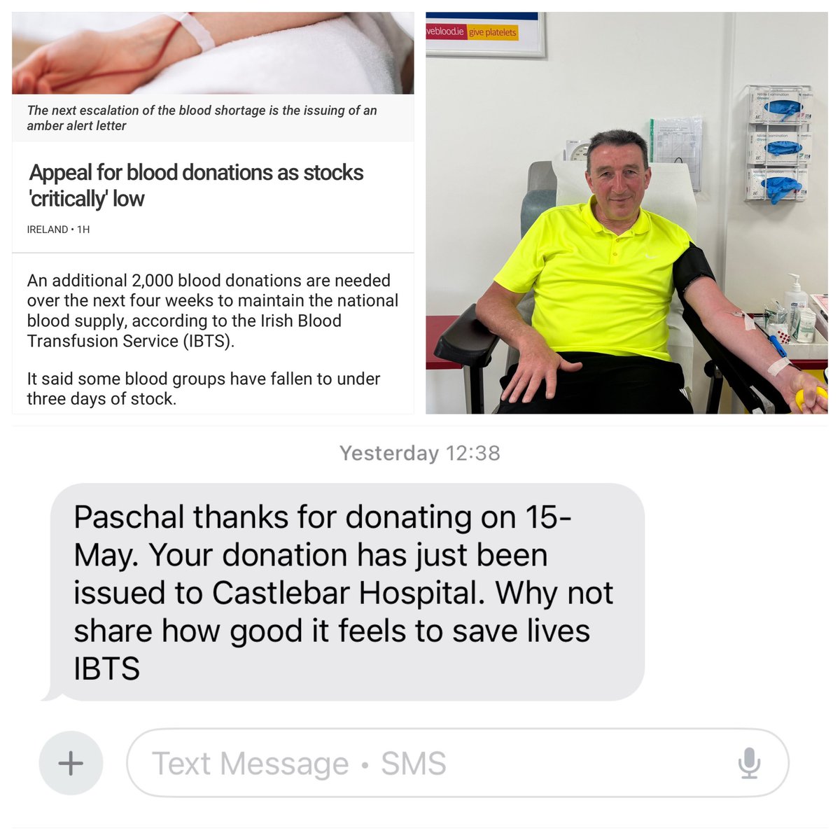The story top left is why I #GiveBlood. When my father was having chemo for his cancer, I saw the FX blood transfusions had on him: he described them as being like “a fill of petrol”. He was like a new man! My #43 donation last week is gone to a patient in Mayo — cracking result!