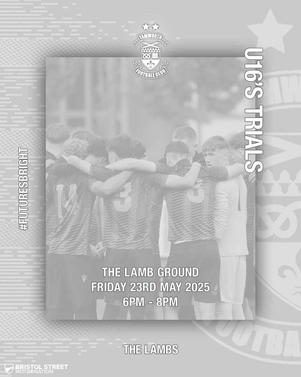 TamworthAcademy's tweet image. Tamworth Football Club will be hosting trials for U16’s on Friday 23rd May 2025 from 6pm-8pm at the Lamb Ground. 🏟️
Interested in trialling? Follow the link below and complete the online form. ⬇️
🔗 forms.gle/CpUrG2NaEk9KaJ…
#bristolstreetmotornationtamworth | #COYL 🐑⚽️