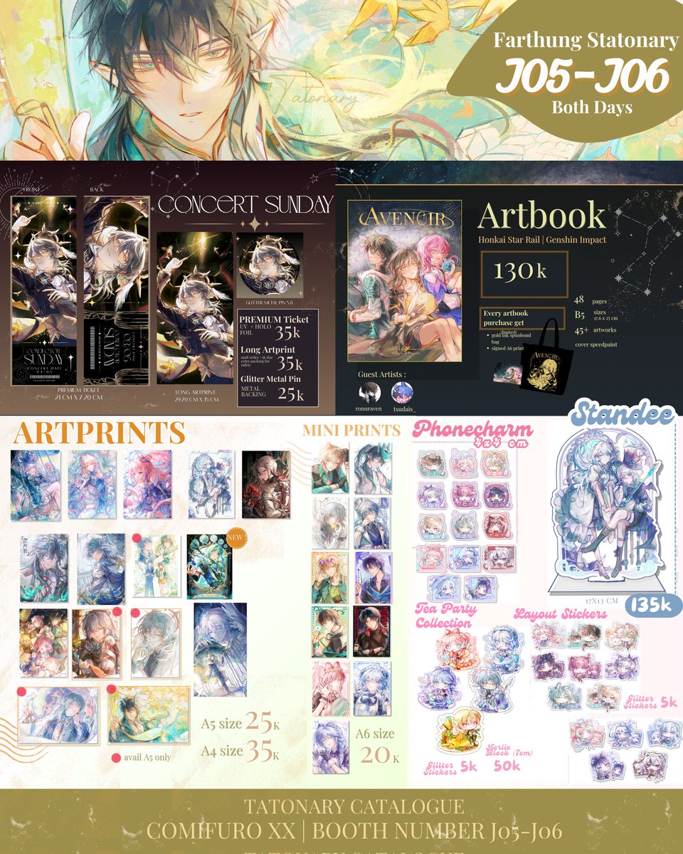Tatonary's tweet image. (🔁 &amp; 💗 are very appreciated!)
#CFXX OTS CATALOGUE hereee!!
📌 J05 - J06 (im in the middle!)
🗓 both days
OTS only no booking &gt;&lt;
Fandom : HSR , ALNST , GI , Miku
Full catalog, Art Trade, Stamp Rally below!!
#cf20 #comifuro20 #CFXXcatalogue
(1/3) HSR , GI