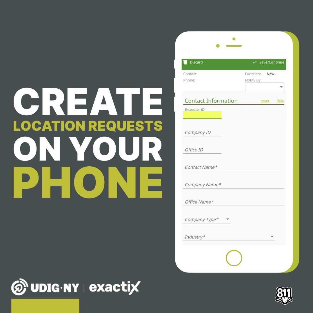 📱 Create location requests directly from your phone.
With the Exactix mobile experience, submitting a ticket is quick and easy while you're on the go.

🔗 Learn more at UDigNY.org

#SafeDigging #Exactix #UDigNY #811BeforeYouDig #DamagePrevention
