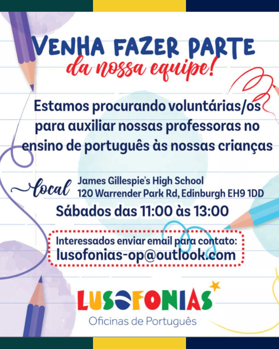 CGEdimburgo (@cgedimburgo) on Twitter photo A escola Lusofonias - Oficinas de Português está procurando voluntários para auxiliar suas professoras no ensino do idioma português às nossas crianças.
Para mais informações, envie um e-mail para:
lusofonias-op@outlook.com
lusofoniasop.org.uk A escola Lusofonias - Oficinas de Português está procurando voluntários para auxiliar suas professoras no ensino do idioma português às nossas crianças.
Para mais informações, envie um e-mail para:
lusofonias-op@outlook.com
lusofoniasop.org.uk