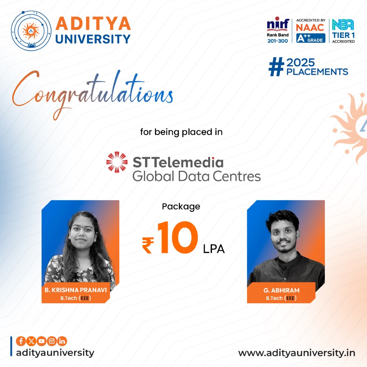 adityauniv's tweet photo. Congratulations Pranavi and Abhiram for being placed in STTelemedia with a Package of 10LPA.
#AdityaUniversity #STTelemedia #2025Placements #9LPA #AdityasPride #AchieveWithAditya #RisingToNewHorizon https://t.co/8OTNHteKWl