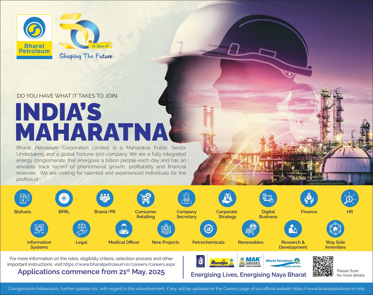 Bharat Petroleum (@bpclimited) on Twitter photo We are hiring!
We are inviting applications from dynamic and experienced professionals who are passionate about shaping the future of billion lives every day.
Last date for online application: 20.06.2025
Apply now: ibpsonline.ibps.in/bpclmar25/
<a href="/PetroleumMin/">Ministry of Petroleum and Natural Gas #MoPNG</a>
<a href="/HardeepSPuri/">Hardeep Singh Puri</a>
#BPCL We are hiring!
We are inviting applications from dynamic and experienced professionals who are passionate about shaping the future of billion lives every day.
Last date for online application: 20.06.2025
Apply now: ibpsonline.ibps.in/bpclmar25/
<a href="/PetroleumMin/">Ministry of Petroleum and Natural Gas #MoPNG</a>
<a href="/HardeepSPuri/">Hardeep Singh Puri</a>
#BPCL