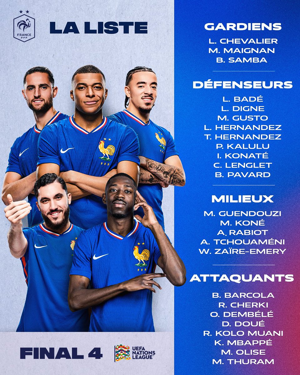 IF_Supporters's tweet photo. 🇫🇷 La liste des Bleus ! 🇫🇷

Didier Deschamps a dévoilé la liste des joueurs sélectionnés pour disputer le Final Four de la Ligue des Nations 🏆

Rendez-vous à Stuttgart 🔥 https://t.co/sgPHyXdClw