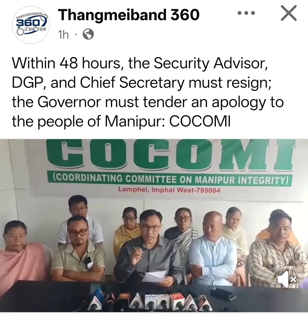 Within 48 hours, the Security Advisor, DGP, and Chief Secretary must resign; the Governor must tender an apology to the people of Manipur: COCOMI <a href="/BhallaAjay/">Ajay Bhalla</a> <a href="/AmitShah/">Amit Shah</a> <a href="/rajnathsingh/">Rajnath Singh</a>