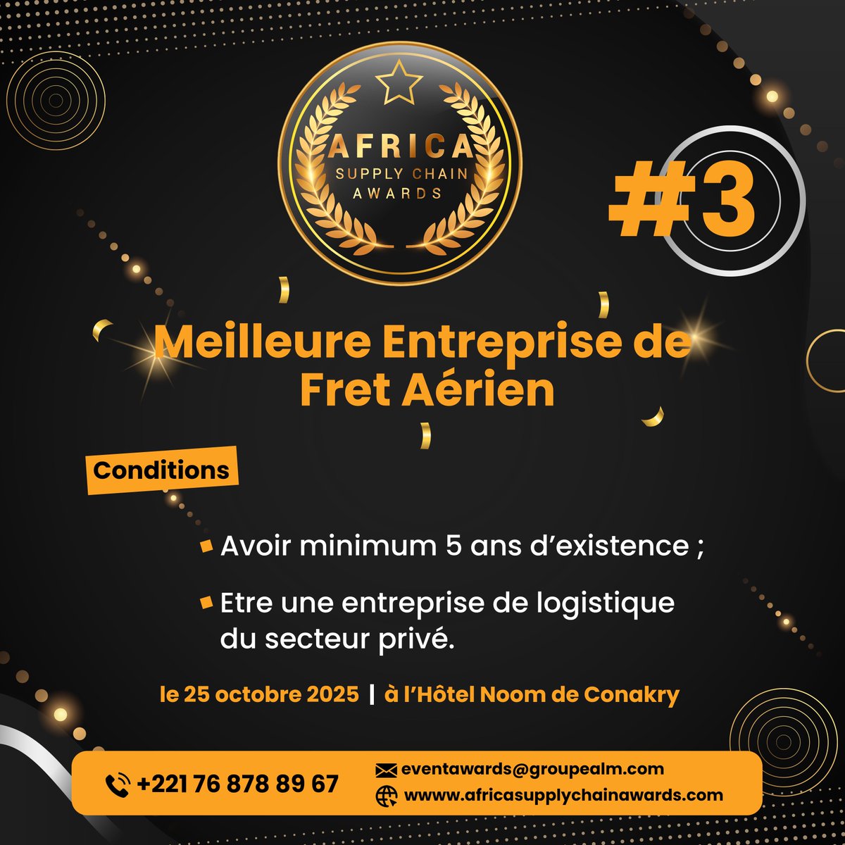GroupeAlm's tweet image. #Runin to 🇬🇳 #Conakry : #3 Africa Supply Chain Awards

Si votre entreprise réunit les conditions, alors n'hésitez pas à l'inscrire sur ce lien : africasupplychainawards.com/candidater/ après avoir lu les conditions de participation à cette compétition sur le site web de l'événement.

#airfreight