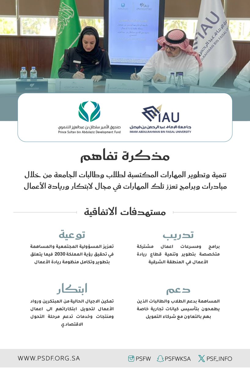 psf_info's tweet photo. في خطوة مشتركة نحو تمكين طلاب وطالبات الجامعات، وقع ⁧صندوق الأمير سلطان بن عبدالعزيز التنموي⁩ مذكرة تفاهم مع ⁧جامعة الإمام عبد الرحمن بن فيصل⁩ @IAU_KSA لتنمية المهارات وتعزيز ثقافة الابتكار وريادة الأعمال

#تمكين_الشباب
#ريادة_أعمال https://t.co/2Lp1c9xnfo