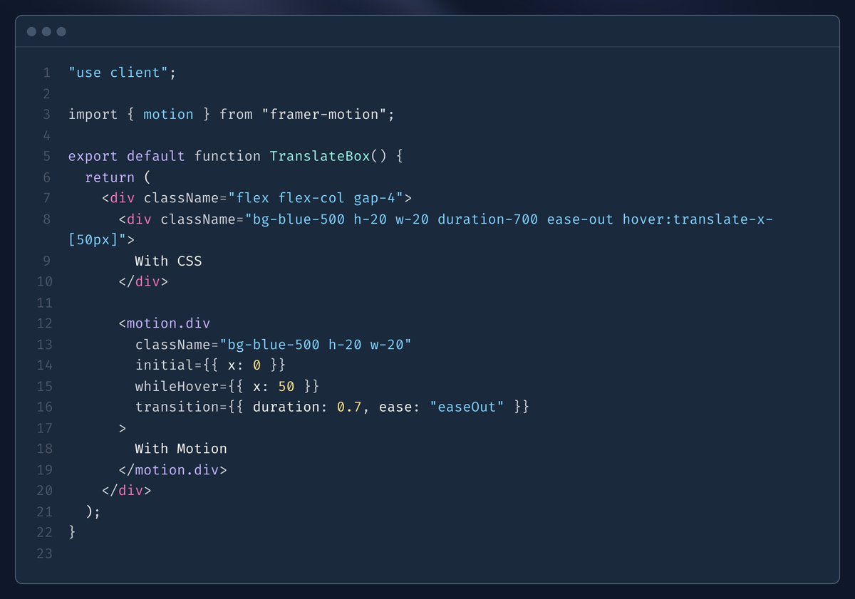 rjv_im's tweet photo. CSS has concept of translate, it basically shifts the position of an element using x,y coordinates. Oversimplified, we write as translate: x y

We can do same using motion too, the same props again. https://t.co/H2CLE3c3wG