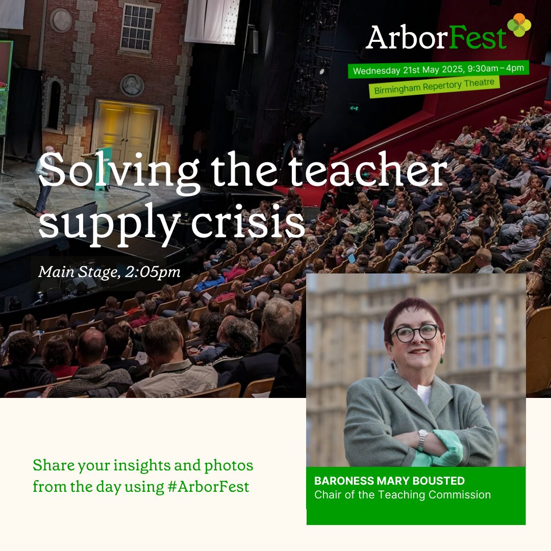 ArborEdu's tweet photo. In half an hour, Baroness Mary Bousted, Chair of the Teaching Commission, will be giving her keynote speech at #ArborFest on solving the teacher supply crisis.
You won't want to miss it! https://t.co/jfC9OmNGFI