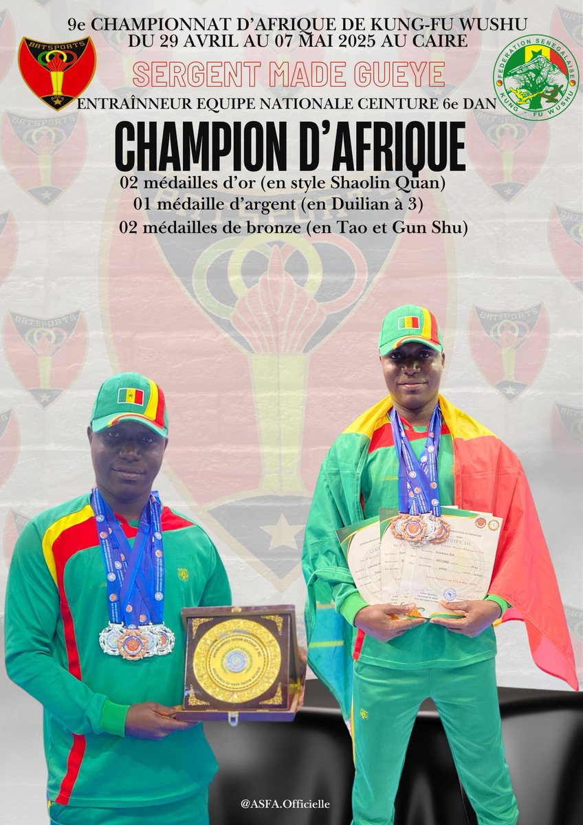 Les militaires se distinguent au 9ème Championnat d’Afrique de Kung-Fu Wushu au Caire.

Le soldat Thierno NDIAYE de l’équipe nationale de Kung-Fu Wushu a décroché 5 médailles, en autant d’épreuves disputées :
🥇 2 Médailles d’Or :
•Double Champion d’Afrique en Style Shaolin Quan