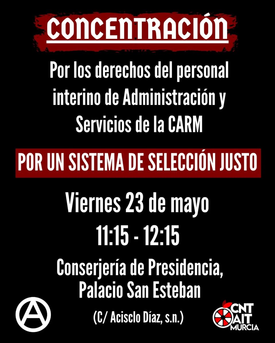 La defensa de los derechos laborales del personal interino es fundamental, ya que conforman uno de los sectores más atacados en los SSPP.

Por ello, nos sumamos al acto éste 23 de mayo, a las 11:15h frente al Palacio de San Esteban.

Hasta vencer 🔴⚫️ #cntait #murcia #solidaridad