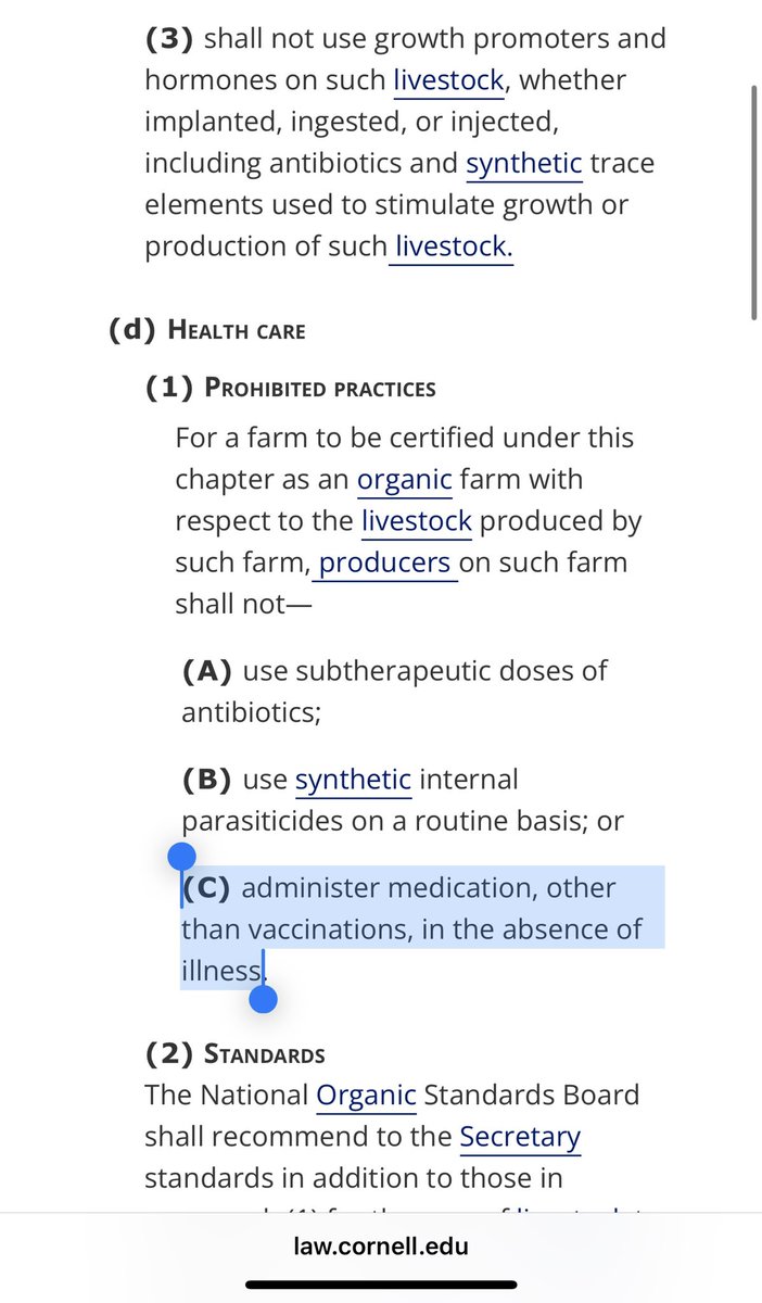 RenzTom's tweet photo. Sorry @RobSchneider but this is accurate. Under the organic food act there is a specific exemption allowing for animals to be called organic even after being vaccinated. This includes mRNA gene therapy poisons. Your organic foot doesn’t actually have to be organic. The law is below:
