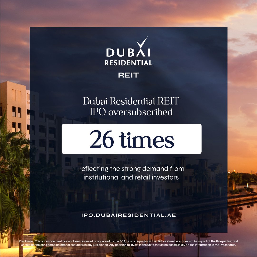 DubaiResi's tweet photo. The final offer price for the Dubai Residential REIT IPO has been set at AED 1.10 per unit, with a market capitalization of AED 14.3 billion upon listing. Dubai Residential REIT IPO is expected to start trading on DFM on May 28, 2025. 
#DubaiResidentialREIT #REIT #IPO https://t.co/KovEgDICzq