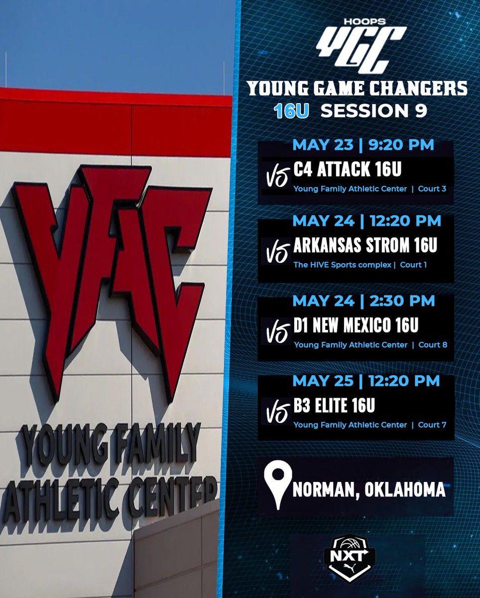 team512elite's tweet photo. We 🌐utside! Catch us at Puma @PRO16League Session 9‼️
📍Norman, Oklahoma
🏟️Young Family Athletic Center
Check out our squad’s schedule for all the weekend action! 🗓️🏀🤩
#ygcfamily🌐 #pumahoops #we🌐utside https://t.co/nNEMKZLQPO