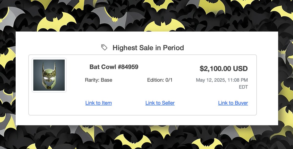 MachewsComics's tweet photo. 🦇 BatCowl Sales Roll Up – Last 7 Days

📊 Total Sold: 35
💰 Total Volume: $10,050.98
💵 Avg Price: $287.17

🥇 Highest Sale:
#82610 – $2,000.00 (May 16)
🥈 Lowest Sale:
#88116 – $149.00 (May 19)

#BatCowl #DCNFTs #CandyDigital #DCCollecting #Web3Collectibles #DC3Wiki