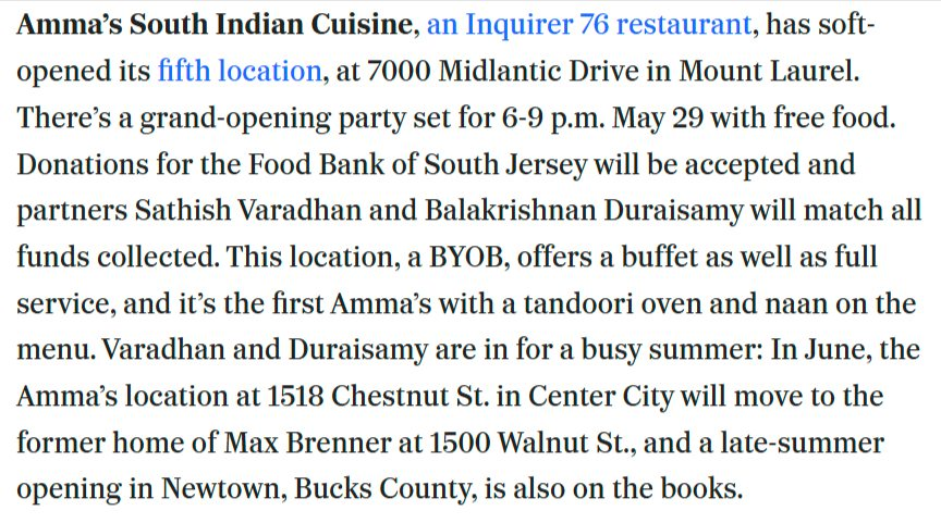 Amma's South Indian restaurant Grand Opening Fundraiser was featured in the Inquirer's Let's Eat newsletter today. Looking forward to seeing everyone next week! Please RSVP if you haven't already. Yes, free food! eventbrite.com/e/ammas-grand-…