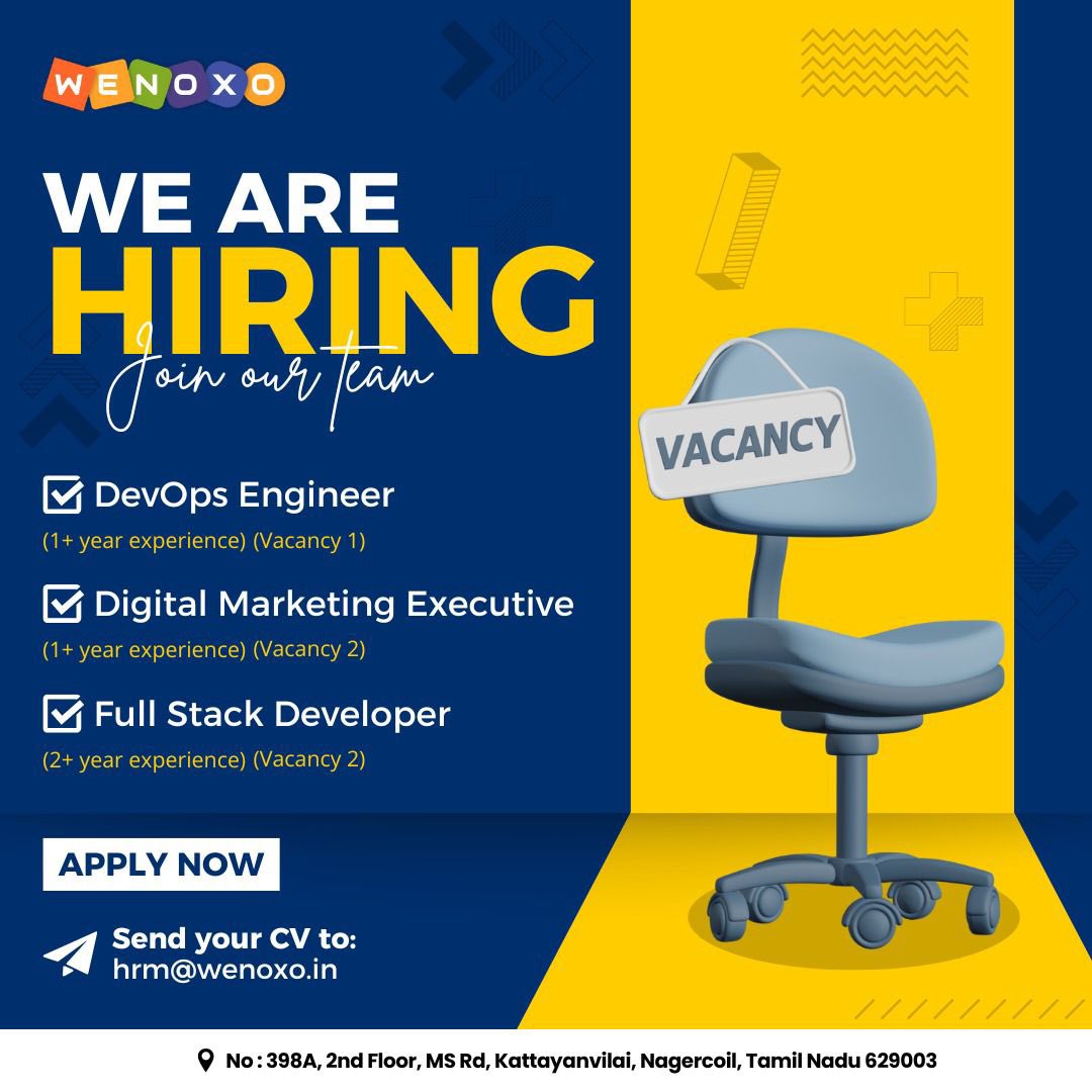 WenoxoTech's tweet photo. 🚀Join Team Wenoxo – We’re Hiring!
Ready for your next career move? We’re looking for talented professionals to grow with us!
📧 Send your CV to: hrm@wenoxo.in
📍 Location: 398A, 2nd Floor, MS Rd, Kattayanvilai, Nagercoil, Tamil Nadu 629003
Be a part of our innovative team. https://t.co/LbLyKtavuU