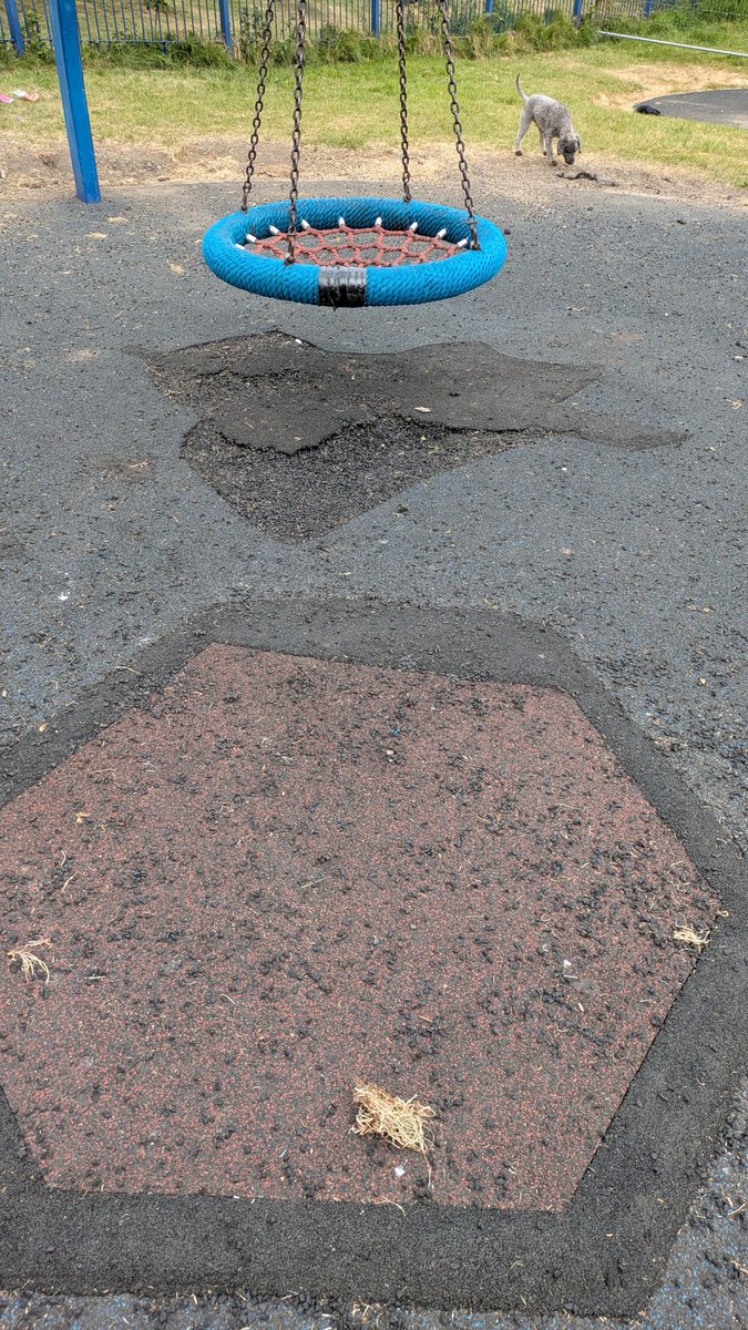 ScrawnySparrow's tweet photo. .@NTCouncilTeam this patch job in Whitley Park under the swing lasted a few weeks and now it's back to being a health and safety risk and has spread plastic tarmac bits all over the park... Surely just fixing it once properly is a better use of funds? https://t.co/jjTqOUP7zM