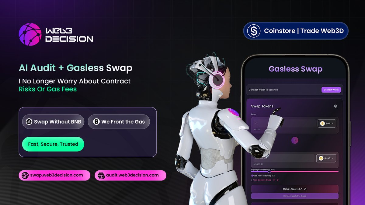 LouisHQ17's tweet photo. With @web3decision’s AI Audit + Gasless Swap, I stopped worrying about contract risks and gas fees.
⚡ Fast
🔒 Secure
🪙 Zero gas
Just smooth, efficient Web3 trading.
👉 https://t.co/6rEurpAOF9 | https://t.co/rGrkFTSKCV
#AuditTool #ZeroGas #DeFiTools #CryptoAudit #WEB3DUSDT https://t.co/AiiECiZA0Z