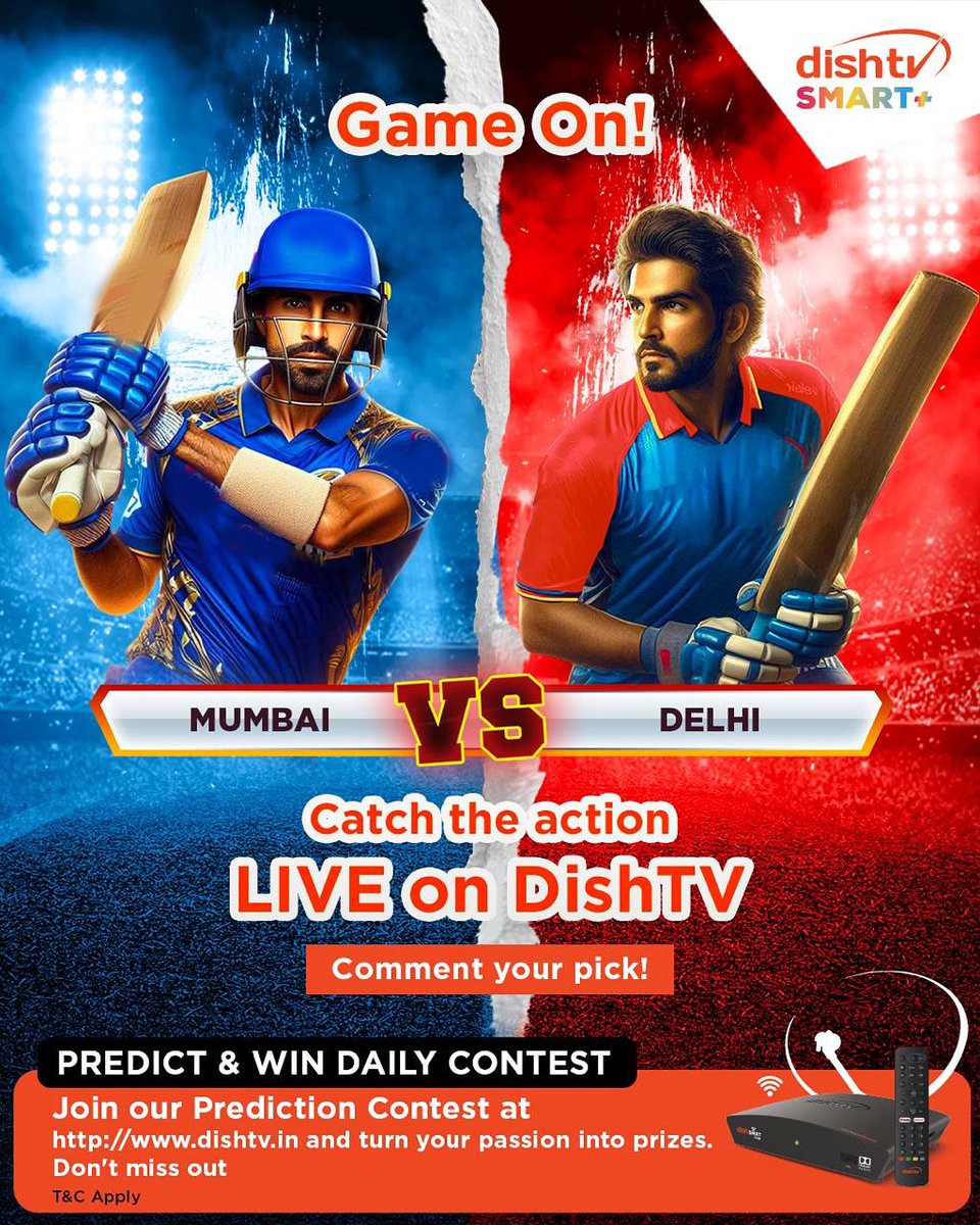 DishTV_India's tweet photo. Catch every thrilling moment LIVE on DishTV, from blazing sixes to game-changing wickets!
Think you know who’s winning? Predict &amp; Win Daily!

#GameOnWithDishTV #MumbaiVsDelhi #LiveCricket #CricketClash #PredictAndWin #DishTVSmart #CricketFever #WatchItLive https://t.co/mNkCbpQHyz