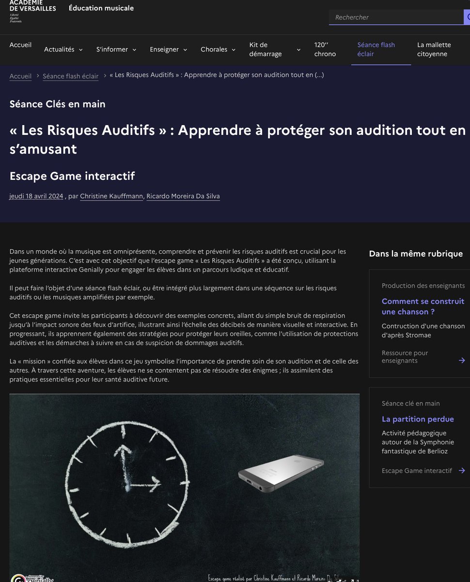 éduscol edmus (@eduscol_edmus) on Twitter photo 🎼 5/5 Séquence pédagogique #cycle4 <a href="/educamusversail/">educamus-versailles</a> : présentant un jeu d'évasion, à mener en classe, pour sensibiliser les élèves aux risques auditifs (en lien avec les musiques amplifiées).
🔗educamus.ac-versailles.fr/spip.php?artic…
#edmus 🎼 5/5 Séquence pédagogique #cycle4 <a href="/educamusversail/">educamus-versailles</a> : présentant un jeu d'évasion, à mener en classe, pour sensibiliser les élèves aux risques auditifs (en lien avec les musiques amplifiées).
🔗educamus.ac-versailles.fr/spip.php?artic…
#edmus