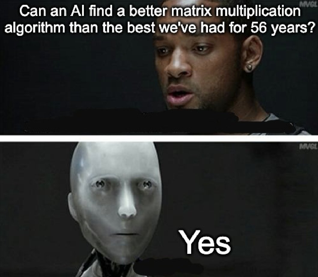 ControlAI's tweet image. "AI can't make new discoveries"

Google's AlphaEvolve just did.

AlphaEvolve developed a search algorithm that found a way to multiply 4 x 4 complex-valued matrices using just 48 scalar multiplications, rather than 49. This was "the first improvement, after 56 years, over…
