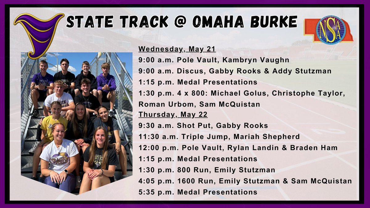 Good luck to the Dusters competing at State Track in Omaha today and tomorrow!

Times listed below are approximate.

More information can be found on the NSAA website: nsaahome.org/nsaa-track-fie… 

Go Dusters!!!