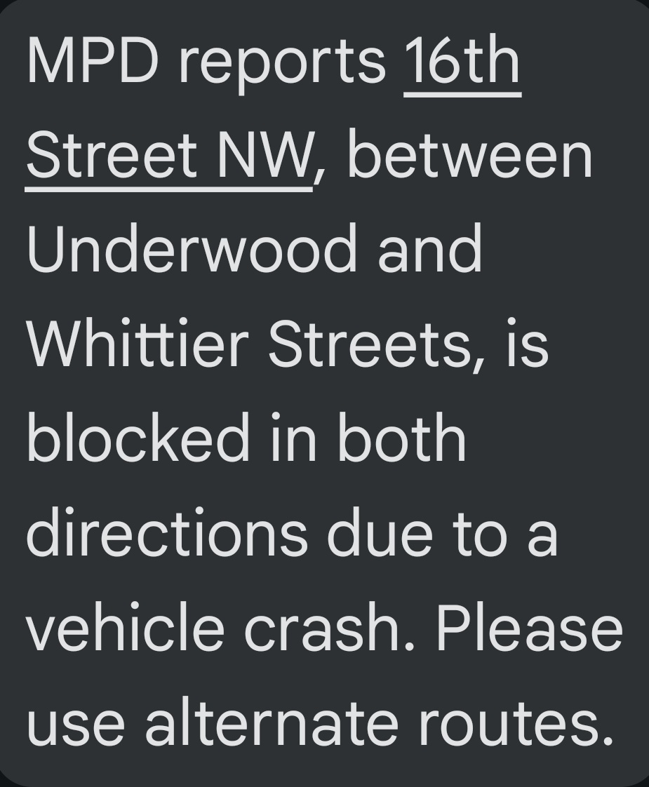 alanhenney's tweet image. CRITICAL PEDESTRIAN STRUCK--- 16th St and Van Buren St NW. Female pedestrian has been taken to a trauma center with serious head and internal injuries. She was stuck by a motorist who was "late for work." #DCTraffic #BrightwoodDC #MajorCrashDC