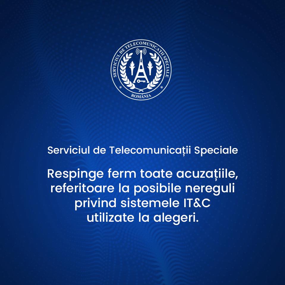 MApNRomania's tweet photo. 📌Ca urmare a informațiilor apărute în spațiul public, referitoare la posibile nereguli privind sistemele IT&amp;C utilizate la alegeri, Serviciul de Telecomunicații Speciale respinge ferm toate acuzațiile. Detalii                   ➡️  https://t.co/SCdgvgpT31 https://t.co/gzWBk8gHDM