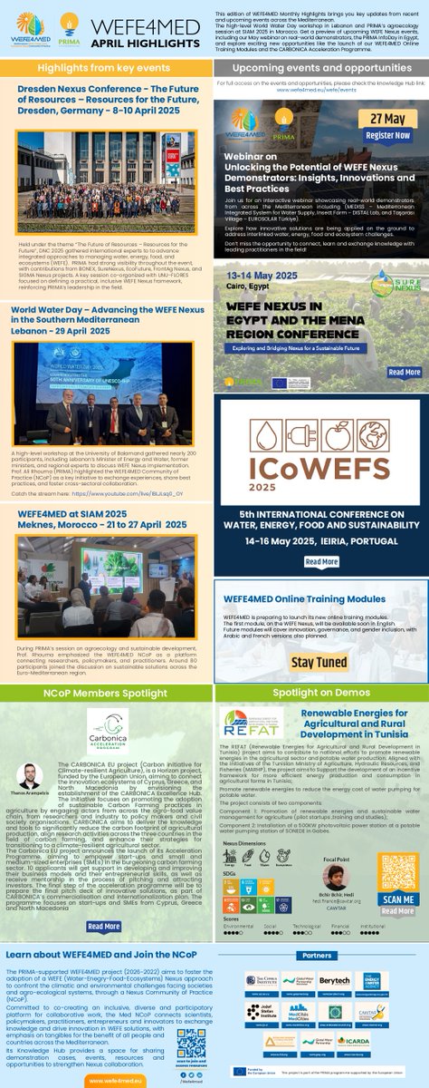 Wefe4Med's tweet image. 📢 Check out April Highlights, which was packed with progress! From Lebanon’s World Water Day workshop to carbon farming innovations &amp;amp; upcoming @Wefe4Med  training, the Nexus movement is growing strong 🌍💧🌱

🔗 Explore more: wefe4med.eu/wefe/events