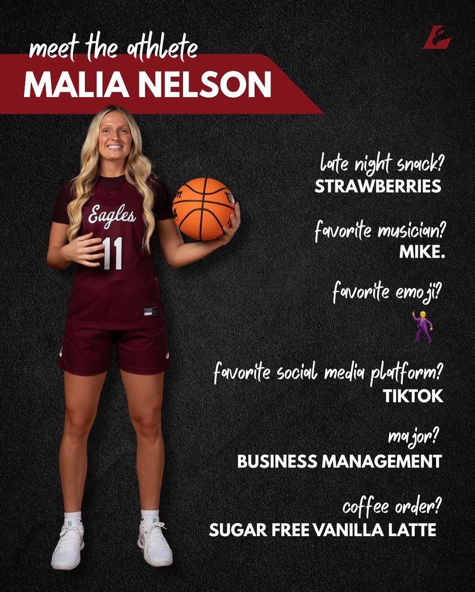 🦅 Meet the Athlete: Malia Nelson 🦅

Wearing #11, Malia is a Business Management major who brings energy, focus, and leadership both on and off the court. Whether she’s knocking down shots or sipping a sugar-free vanilla latte, she’s all about the details 💼🏀

#AsAnEagle
