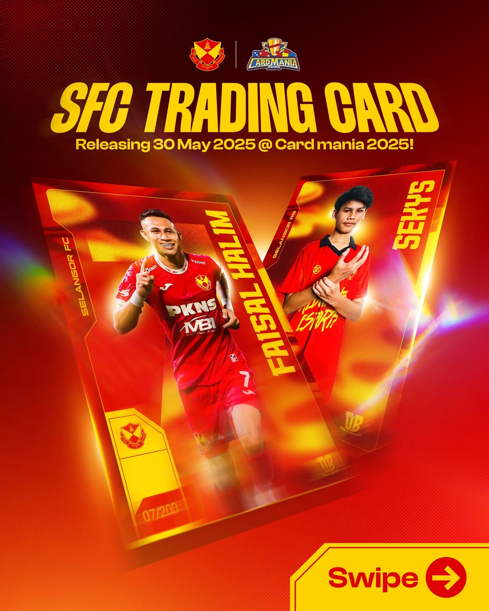 selangorfc's tweet photo. ⬅️ Swipe through to discover the exclusive 𝐒𝐞𝐥𝐚𝐧𝐠𝐨𝐫 𝐅𝐂 𝐱 𝐂𝐚𝐫𝐝 𝐌𝐚𝐧𝐢𝐚 trading cards drop! 🃏🔥

🚨 𝗟𝗶𝗺𝗶𝘁𝗲𝗱 𝗘𝗱𝗶𝘁𝗶𝗼𝗻 𝗔𝗹𝗲𝗿𝘁! Introducing the 𝙁𝙖𝙞𝙨𝙖𝙡 𝙃𝙖𝙡𝙞𝙢 𝘿𝙚𝙗𝙪𝙩 𝙀𝙙𝙞𝙩𝙞𝙤𝙣 & 𝙎𝙚𝙠𝙮𝙨 𝘿𝙚𝙗𝙪𝙩 𝙀𝙙𝙞𝙩𝙞𝙤𝙣 trading cards, crafted by 𝐂𝐚𝐫𝐝 𝐌𝐚𝐧𝐢𝐚 as part of our special collaboration!

📅 Launch Date: 30 May - 1 June 2025 📍 Location: Card Mania 2025 @ MPAJ Convention Centre, Melawati

🔖 Price: RM300 each 🎯 Limited to only 250 pieces:
✅ 50 Signature Cards
🎴 200 Numbered Cards

🙌 Don't miss your chance to own these exclusive collectibles! Stay tuned for more details and grab yours at the event! 🫡

#SFC #MKLK 
#MerahKuning #LambangKebanggaan
#SFCxCardMania2025